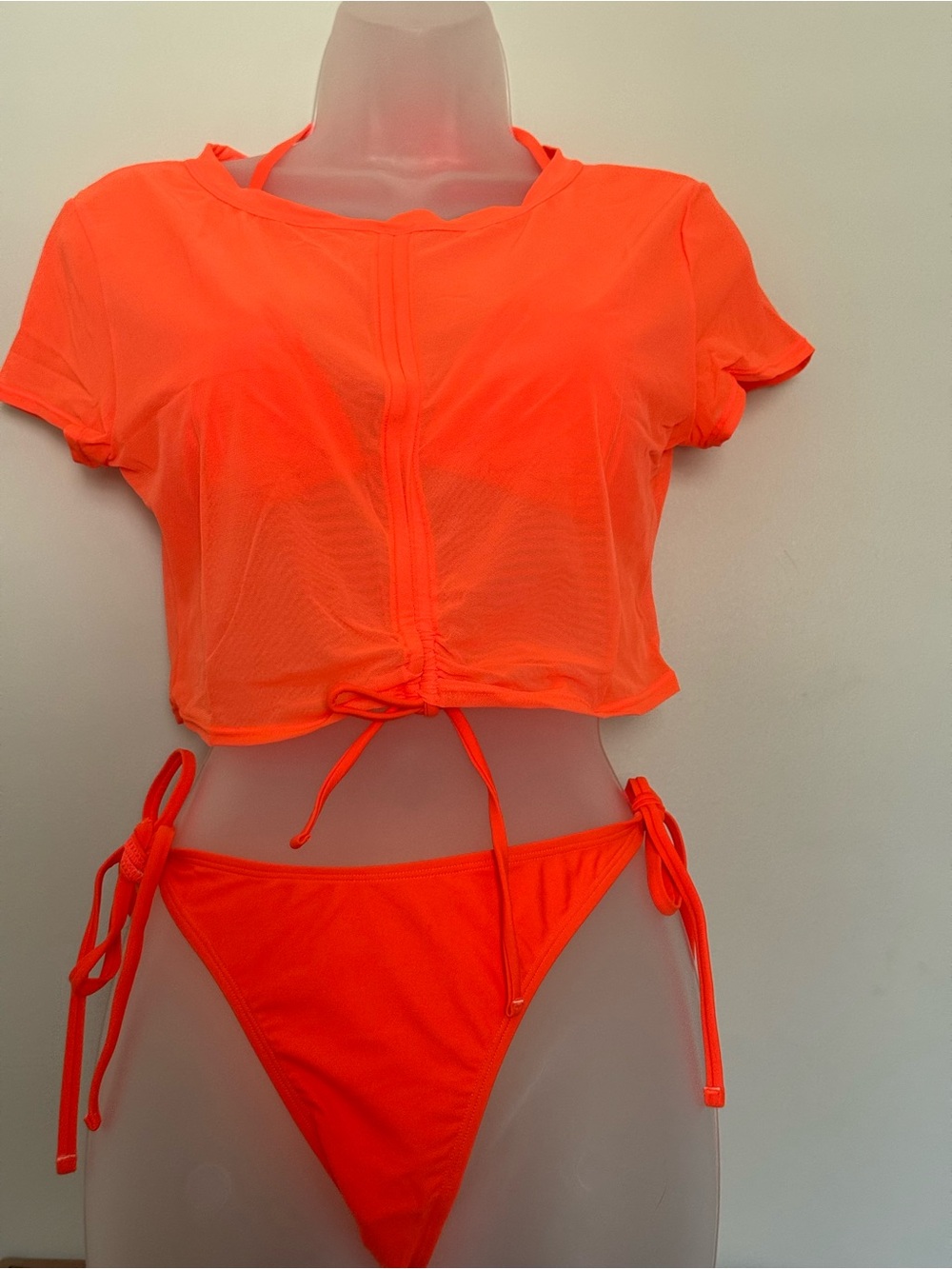 Cupshe Neon Orange Sheer Cropped Cover-Up & Tie-Side Bikini Set